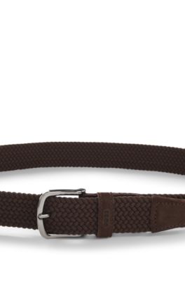 Woven belt with leather trims, Dark Brown