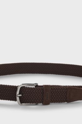 Woven belt with leather trims, Dark Brown