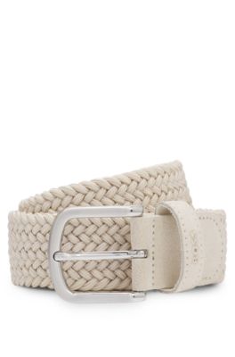 Woven belt with leather trims, Light Beige
