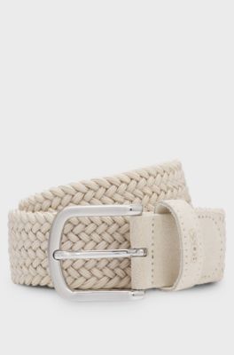 Woven belt with leather trims, Light Beige