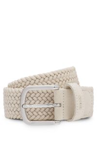 Geweven riem met leren details, Lichtbeige