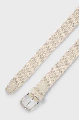 Woven belt with leather trims, Light Beige