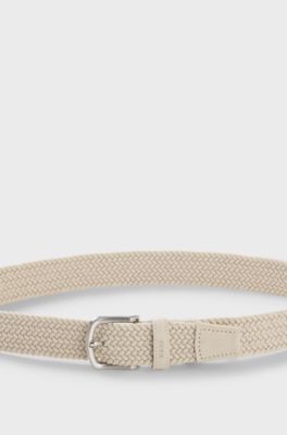 Woven belt with leather trims, Light Beige
