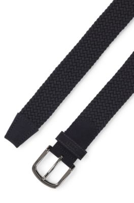 Woven belt with leather trims, Dark Blue