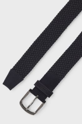 Woven belt with leather trims, Dark Blue