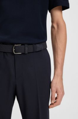 Woven belt with leather trims, Dark Blue