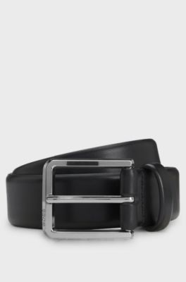 Ceinture en cuir italien avec boucle argent&eacute;e lisse, Noir