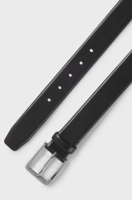 Ceinture en cuir italien avec boucle argent&eacute;e lisse, Noir