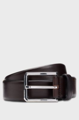 Italian-leather belt with polished gunmetal buckle, Dark Brown