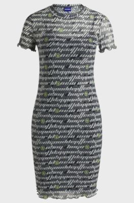 Stretch-mesh bodycon dress with digital print, Black Patterned