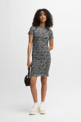 Bodycon-jurk van stretchmesh met digitale print, Zwart met dessin