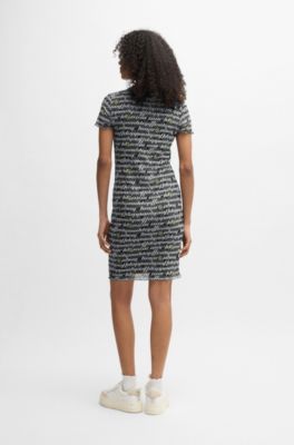 Stretch-mesh bodycon dress with digital print, Black Patterned