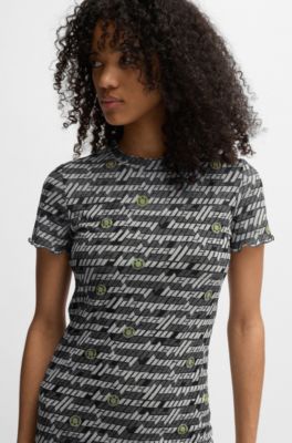 Stretch-mesh bodycon dress with digital print, Black Patterned