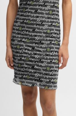Stretch-mesh bodycon dress with digital print, Black Patterned