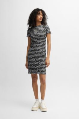 Stretch-mesh bodycon dress with digital print, Black Patterned