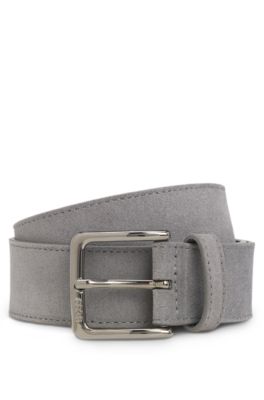 Suede belt with logo-engraved gunmetal buckle, Dark Grey
