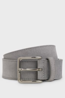 Suede belt with logo-engraved gunmetal buckle, Dark Grey