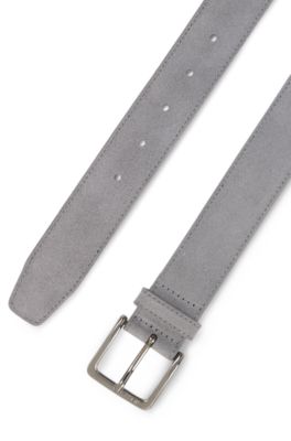 Suede belt with logo-engraved gunmetal buckle, Dark Grey