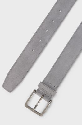 Suede belt with logo-engraved gunmetal buckle, Dark Grey