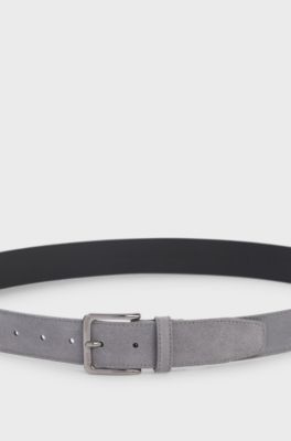 Suede belt with logo-engraved gunmetal buckle, Dark Grey