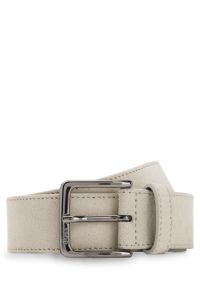 Suede belt with logo-engraved gunmetal buckle, Natural