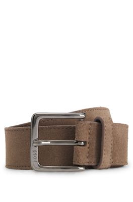 Suede belt with logo-engraved gunmetal buckle, Beige