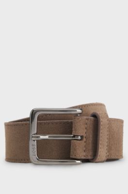 Suede belt with logo-engraved gunmetal buckle, Beige