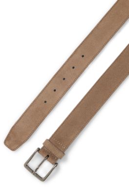 Suede belt with logo-engraved gunmetal buckle, Beige