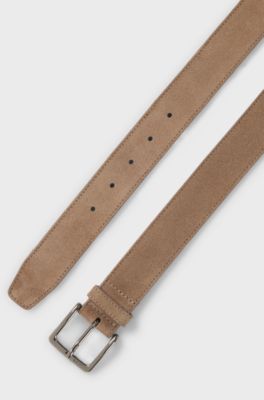 Suede belt with logo-engraved gunmetal buckle, Beige