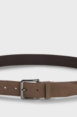 Suede belt with logo-engraved gunmetal buckle, Beige