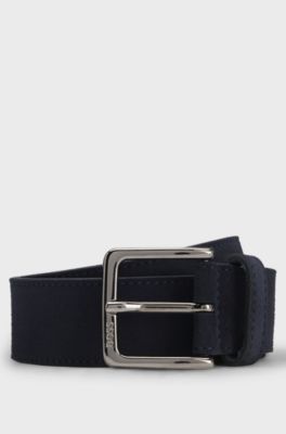 Suede belt with logo-engraved gunmetal buckle, Dark Blue