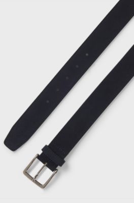 Suede belt with logo-engraved gunmetal buckle, Dark Blue