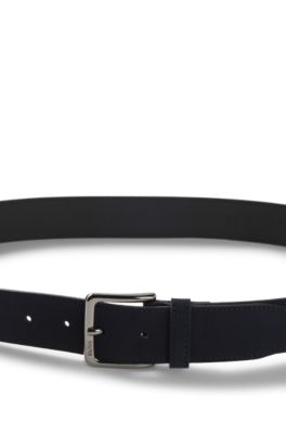 Riem van su&egrave;de met logogravure op bronzen gesp, Donkerblauw