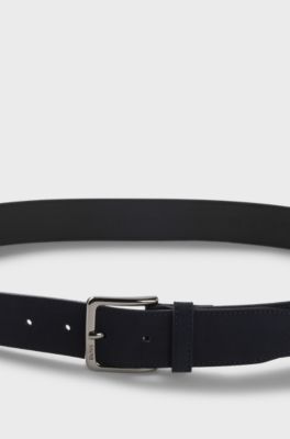 Suede belt with logo-engraved gunmetal buckle, Dark Blue
