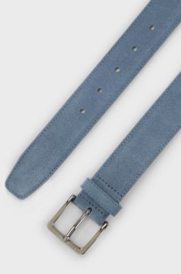 Suede belt with logo-engraved gunmetal buckle, Blue