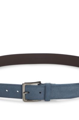 Suede belt with logo-engraved gunmetal buckle, Blue