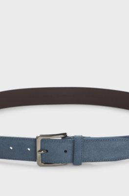 Suede belt with logo-engraved gunmetal buckle, Blue