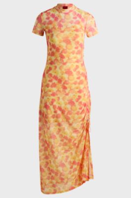Printed-mesh dress with gathered side, Patterned