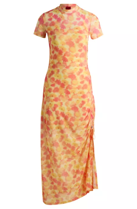 Printed-mesh dress with gathered side