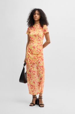 Printed-mesh dress with gathered side, Patterned