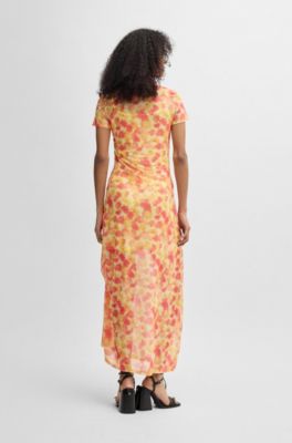 Printed-mesh dress with gathered side, Patterned