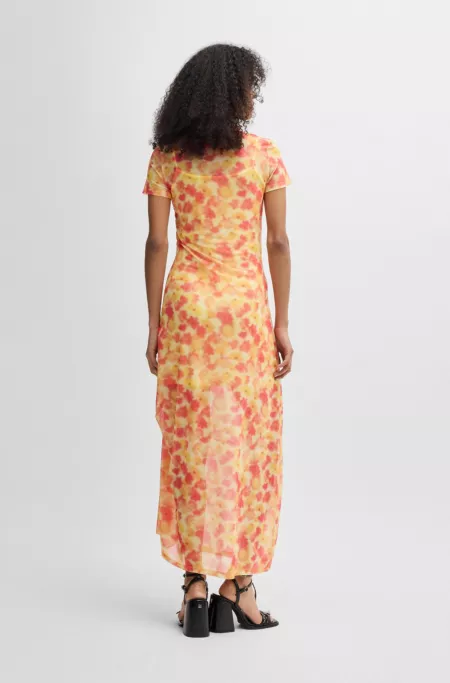 Printed-mesh dress with gathered side