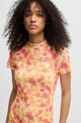 Printed-mesh dress with gathered side, Patterned
