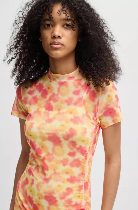 Printed-mesh dress with gathered side