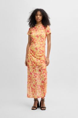 Printed-mesh dress with gathered side, Patterned