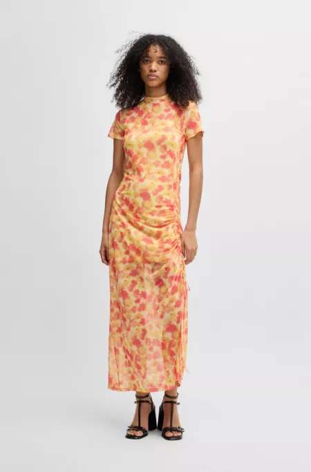 Printed-mesh dress with gathered side