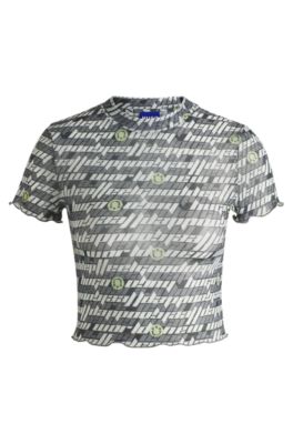 Stretch-mesh top with logo print, Patterned