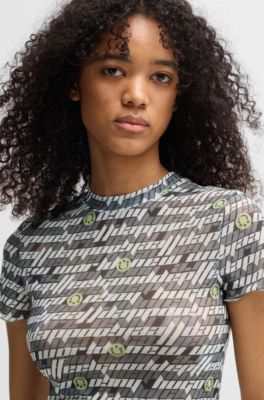 Stretch-mesh top with logo print, Patterned