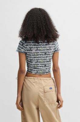 Stretch-mesh top with logo print, Patterned