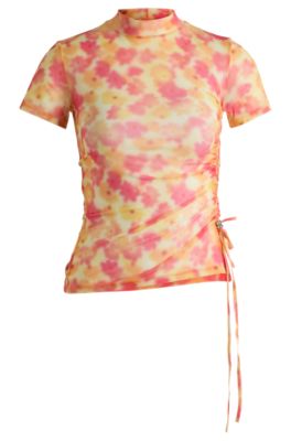 Printed-mesh top with gathered side, Pink Patterned